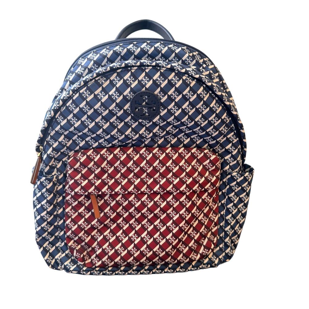 Tory Burch Navy and Crimson Geometric Logo Backpack - Excellent condition!